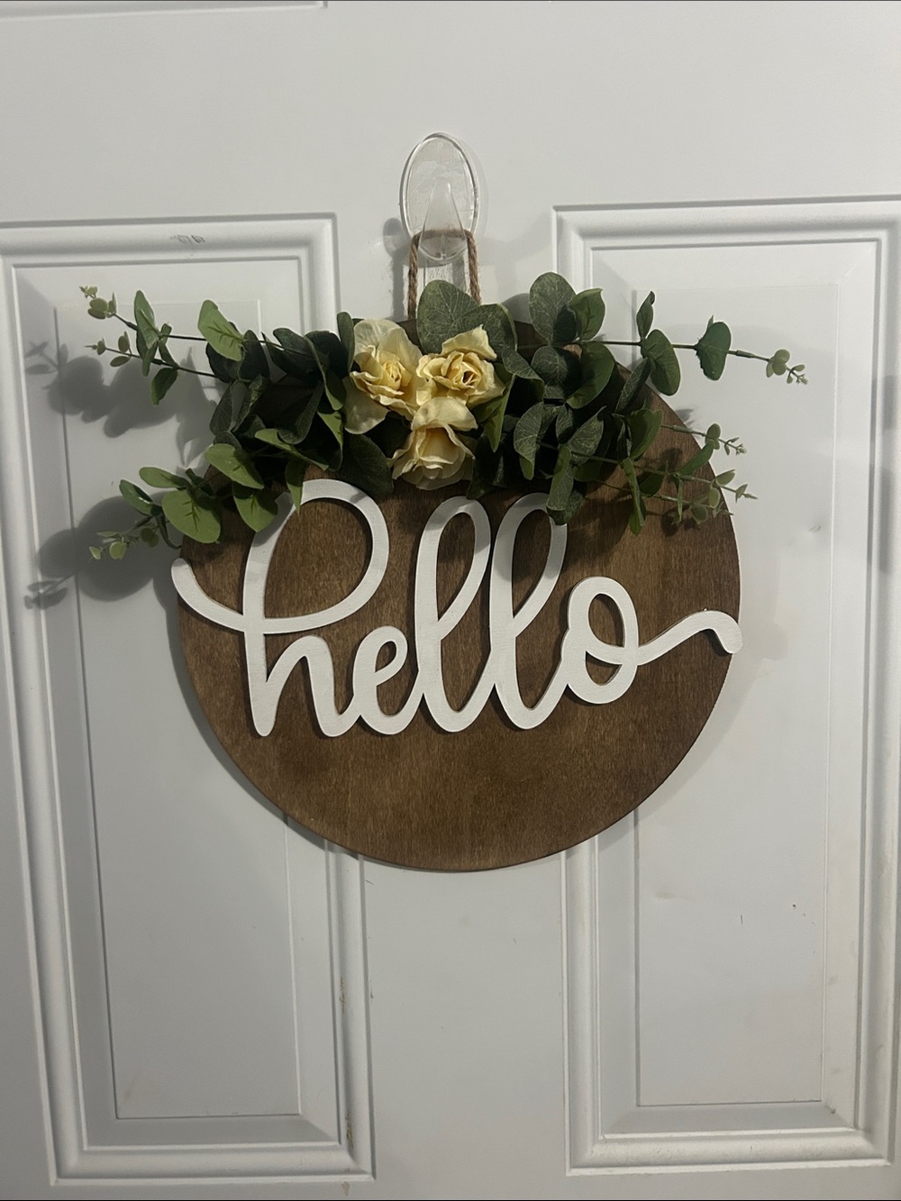 Hello Round Wooden Door Hanger with Greenery and Yellow Flowers